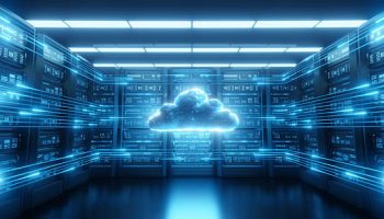 Glowing cloud symbol data center server room, blue digital lines connecting racks. Represents cloud computing, network technology, data storage, global connection, AI, security, innovation